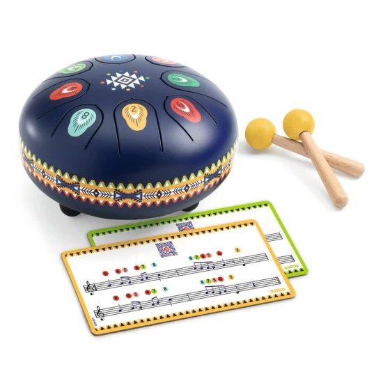 Animambo Kovový buben Djeco s indiánskými ilustracemi, 8 tóny a dřevěnými hůlkami pro děti od 5 let.