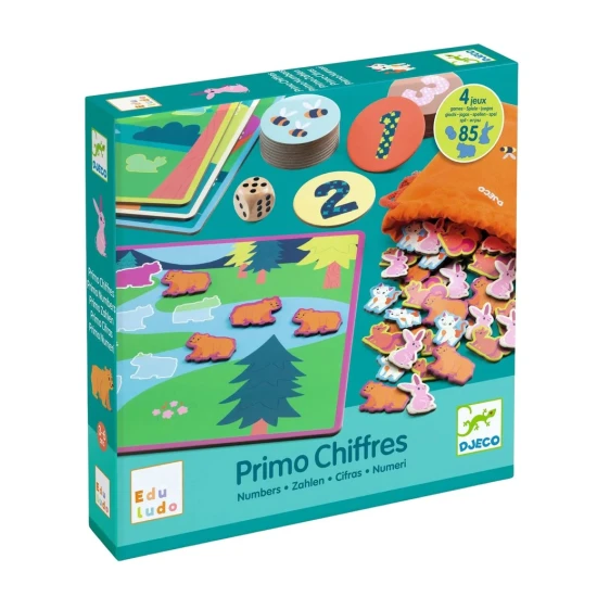 Eduludo 4 hry s čísly – DJECO, vzdělávací hra pro děti s kartami a zvířátky