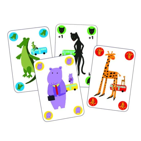 Hra Gorila, při které se hráči zbavují karet tak, že k sobě správně přiřazují zvířata nebo barvy autobusů a zároveň se přitom musí vyhnout gorile.