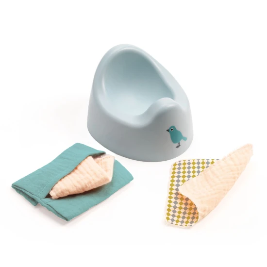 Vkusný plastový nočník doplněný 2 textilními utěrkami v textilním pouzdře z dvojité gázoviny.