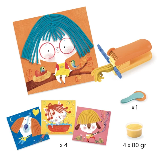 Z plastelíny vylisuješ provázky vlasů a chlupů, přiložíš je na vyznačená místa na obrázcích a zarovnáš pomocí kolečka na krájení plastelíny. 