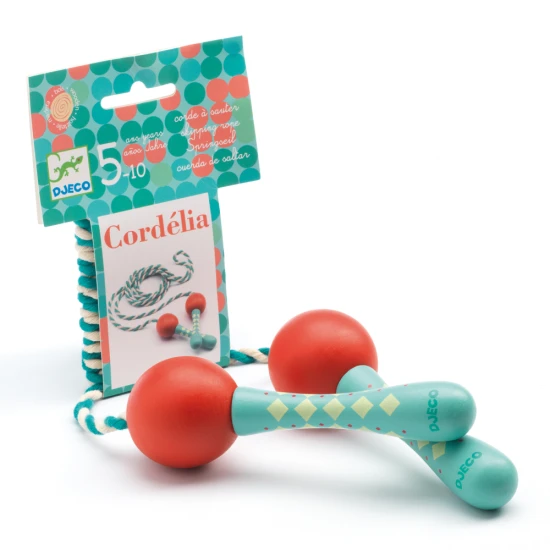 Stylové švihadlo s výraznými dřevěnými držadly a bavlněným dvoubarevným provazem. Skákat přes švihadlo je zábava.