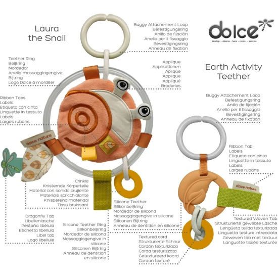 Závěsná senzorická hračka Šnek a silikonové kousátko pro rozvoj smyslů Dolce