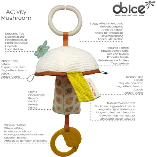 Závěsná senzorická hračka s kousátkem Hříbek pro rozvoj smyslů Dolce