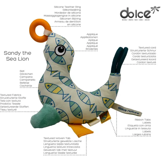 Senzorická hračka Tuleň pro miminka pro rozvoj smyslů Dolce