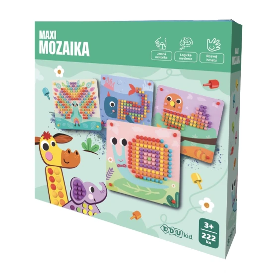 Maxi Mozaika - první společenská hra pro děti od 3 let. Rozvíjí kreativitu, jemnou motoriku a fantazii pomocí barevných hříbků a zvířátek.