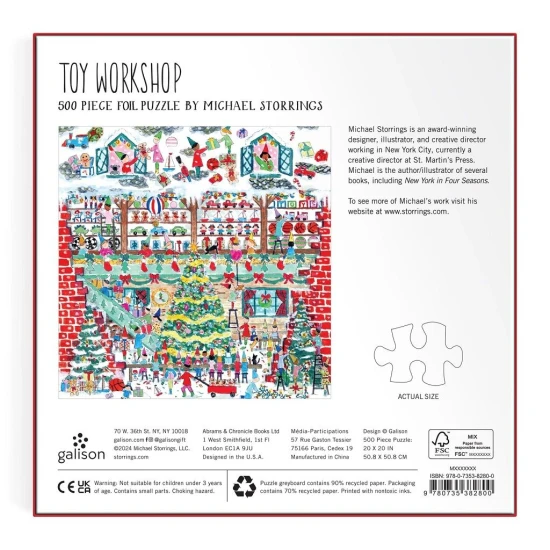 Galison Puzzle Vánoční dílna hraček 500 dílů Fóliové puzzle od Michaela Storringse představuje ducha hračkářské vánoční dílny.
