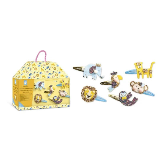 Janod Výroba šperků Sponky do vlasů Exotická zvířata 6 ks Kreativní sada pro výrobu sponek do vlasů s exotickými zvířaty