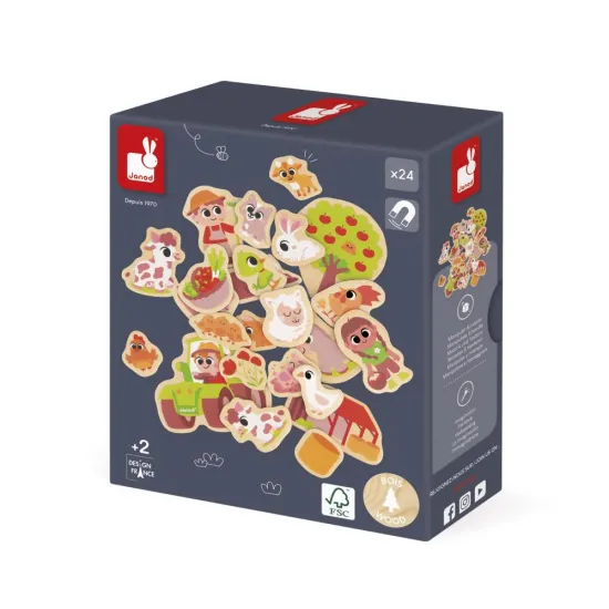 Dřevěné magnetky pro děti s farmářskou tématikou - zvířátka, farmář, traktor a další doplňky od značky Janod.