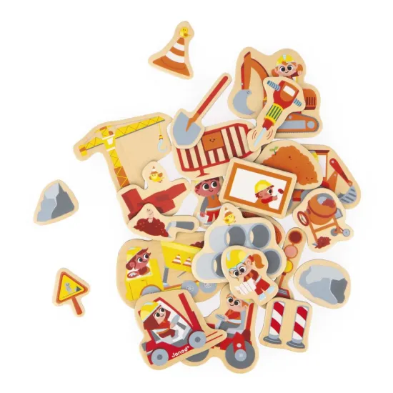 Dřevěné magnetky Na stavbě – stavební stroje a dělníci