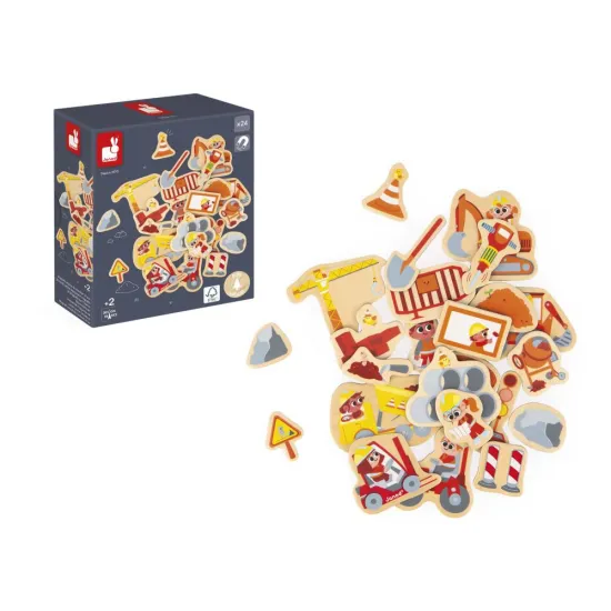 Dřevěné magnetky Na stavbě – stavební stroje a dělníci