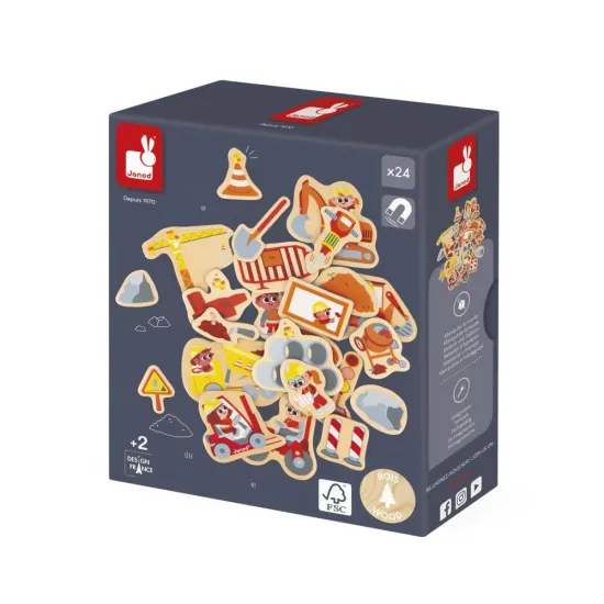 Dřevěné magnetky Na stavbě – stavební stroje a dělníci