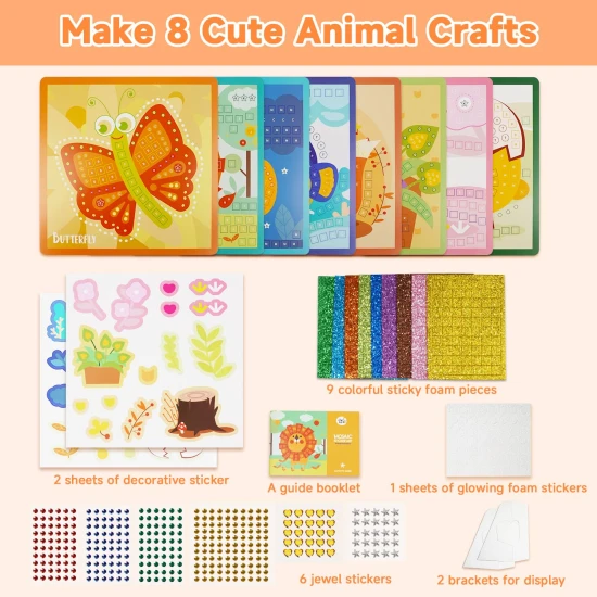 Jarmelo Mozaika – Zvířatá, 8 karet, pěnové mozaikové kousky a třpytivé kamínky pro kreativní tvorbu dětí