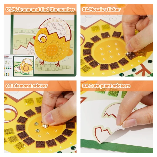 Jarmelo Mozaika – Zvířatá, 8 karet, pěnové mozaikové kousky a třpytivé kamínky pro kreativní tvorbu dětí