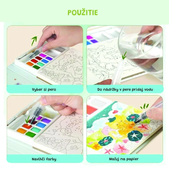 Jarmelo malování vodou – Pet Paradise, kniha s 8 barvami, 2 štětci a omalovánkami zvířátek