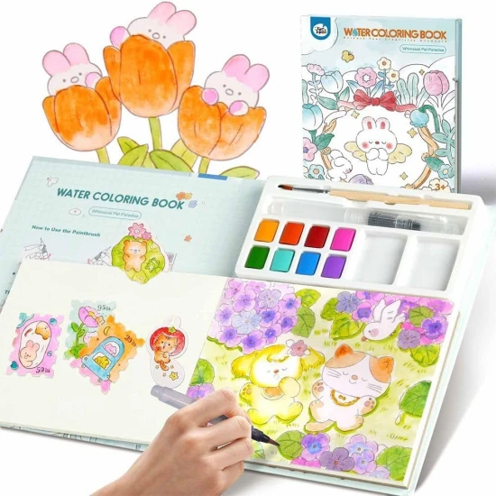 Jarmelo malování vodou – Pet Paradise, kniha s 8 barvami, 2 štětci a omalovánkami zvířátek