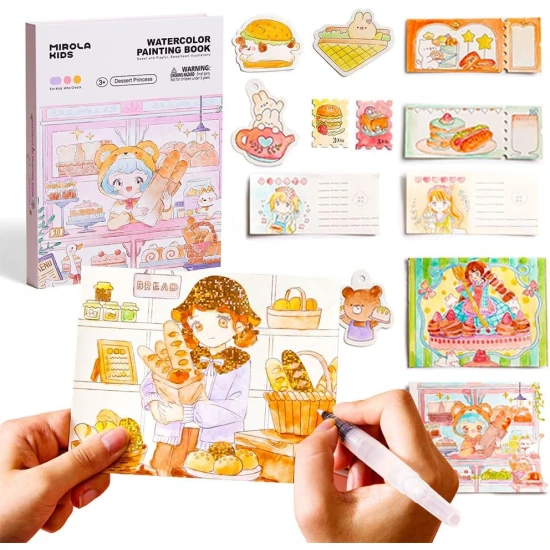 Jaro Melo malování vodou – Dessert Princess, kniha s 8 barvami, 2 štětci a omalovánkami plné princezen