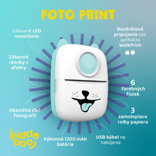 Dětská přenosná tiskárna Kiddoboo FotoPrint – bílá tiskárna s LED osvětlením, samolepícím papírem a barevnými fixy pro kreativní zábavu.