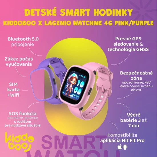 Dětské smart hodinky Kiddoboo x Lagenio WatchMe 4G v růžovo-fialové barvě s displejem, kamerou a SOS funkcí - bezpečný a hravý doplněk pro děti.