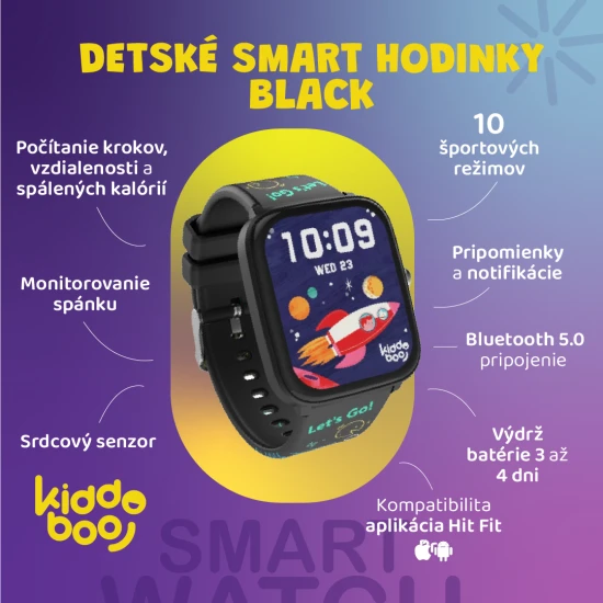 Černé dětské Kiddoboo smart hodinky Black s monitorováním různých každodenních aktivit, barevným displejem a pohodlným řemínkem.