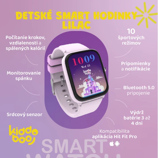 Fialové dětské Kiddoboo smart hodinky Lilac s monitorováním různých každodenních aktivit, barevným displejem a pohodlným řemínkem.