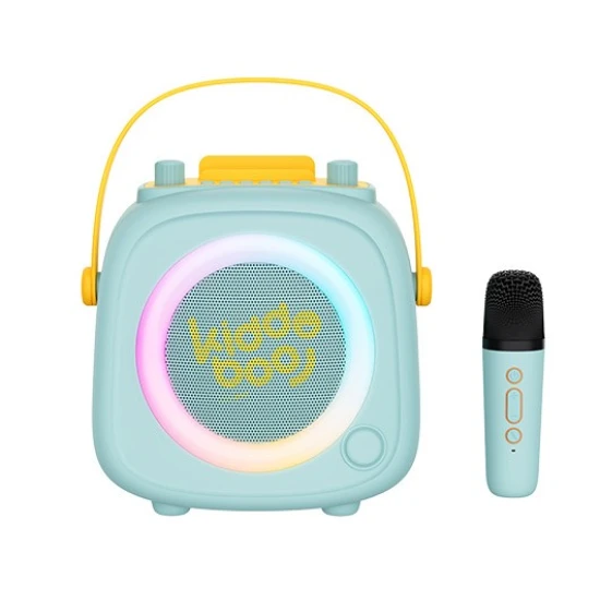 Zelený dětský Kiddoboo bluetooth karaoke set mikrofon a reproduktor KidsVoice s RGB osvětlením a zábavnými efekty pro děti od 3 let.