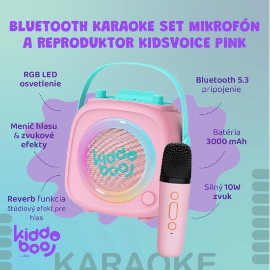 Růžový dětský Kiddoboo bluetooth karaoke set mikrofon a reproduktor KidsVoice Pink s RGB osvětlením a zábavnými efekty pro děti od 3 let.
