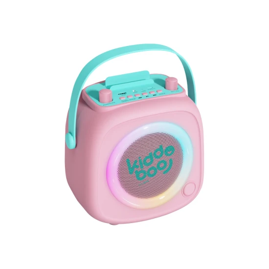 Růžový dětský Kiddoboo bluetooth karaoke set mikrofon a reproduktor KidsVoice Pink s RGB osvětlením a zábavnými efekty pro děti od 3 let.