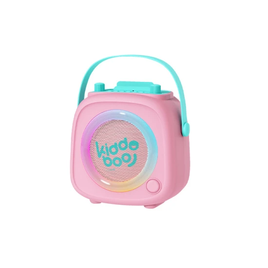 Růžový dětský Kiddoboo bluetooth karaoke set mikrofon a reproduktor KidsVoice Pink s RGB osvětlením a zábavnými efekty pro děti od 3 let.