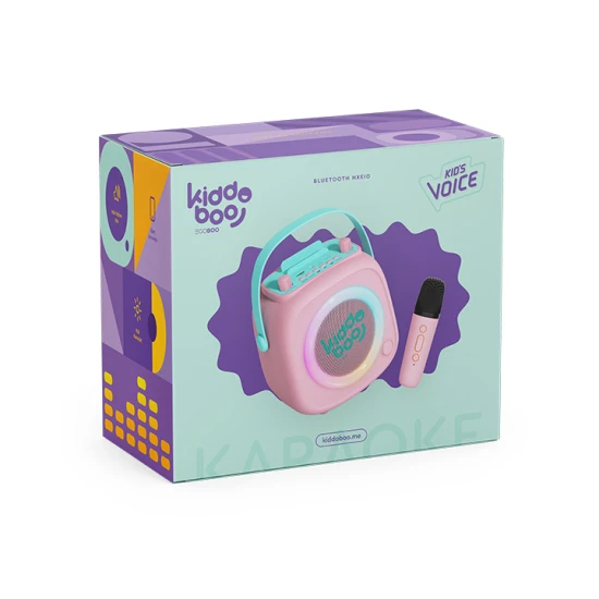 Růžový dětský Kiddoboo bluetooth karaoke set mikrofon a reproduktor KidsVoice Pink s RGB osvětlením a zábavnými efekty pro děti od 3 let.