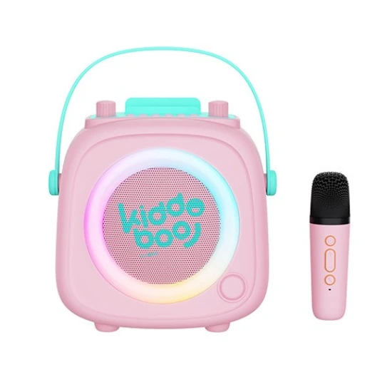 Růžový dětský Kiddoboo bluetooth karaoke set mikrofon a reproduktor KidsVoice Pink s RGB osvětlením a zábavnými efekty pro děti od 3 let.