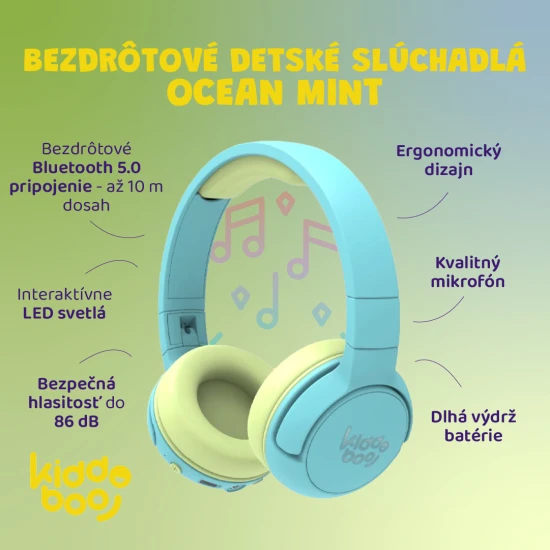 Dětská bezdrátová sluchátka Kiddoboo Ocean Mint s LED světlem a kvalitním zvukem – bezpečná a stylová sluchátka pro děti od 6 let.