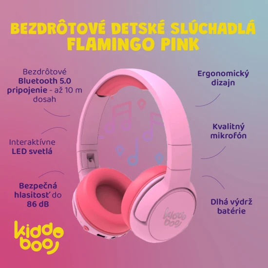 Kiddoboo Bezdrátová dětská sluchátka Flamingo Pink Detské bezdrôtové slúchadlá Kiddoboo Flamingo Pink s LED svetlom a kvalitným zvukom – bezpečné a štýlové slúchadlá pre deti od 6 rokov.