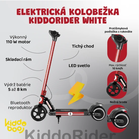 Červená dětská elektrická koloběžka Kiddoboo KiddoRacer s protiskluzovou podložkou, LED světlem a skládacím rámem - ideální pro děti od 6 let.
