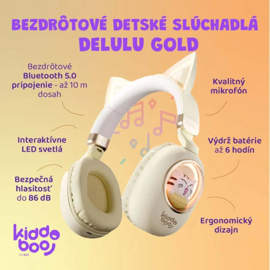 Dětská bezdrátová sluchátka Kiddoboo Delulu Gold s LED světlem a kočičími oušky – bezpečná a stylová sluchátka pro děti od 7 let.