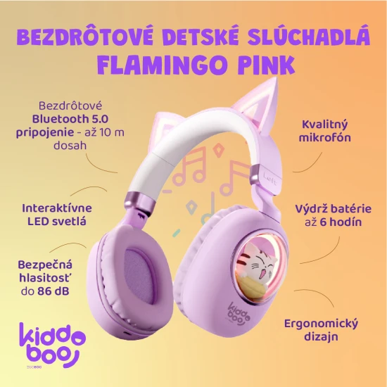 Dětská bezdrátová sluchátka Kiddoboo Delulu Lavender s LED světlem a kočičími oušky – bezpečná a stylová sluchátka pro děti od 7 let.