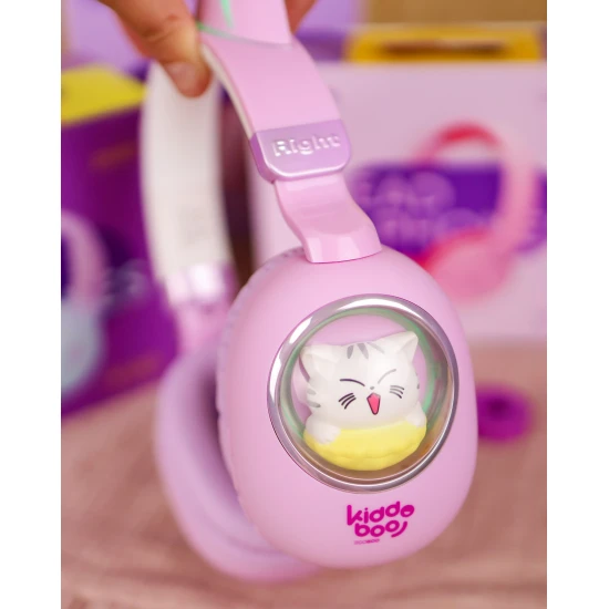 Dětská bezdrátová sluchátka Kiddoboo Delulu Lavender s LED světlem a kočičími oušky – bezpečná a stylová sluchátka pro děti od 7 let.
