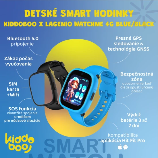 Dětské smart hodinky Kiddoboo x Lagenio Watch 4G v modro-černé barvě s displejem, kamerou a SOS funkcí – bezpečný a hravý doplněk pro děti.