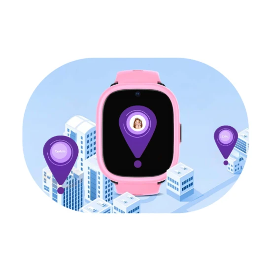 Dětské smart hodinky Kiddoboo x Lagenio WatchMe 4G v růžovo-fialové barvě s displejem, kamerou a SOS funkcí - bezpečný a hravý doplněk pro děti.