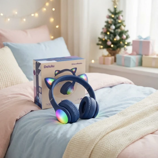 Bezdrátová dětská sluchátka Kiddoboo Delulu Disco Pink s LED světly a kočičími ušima – bezpečná a stylová sluchátka pro děti od 7 let.