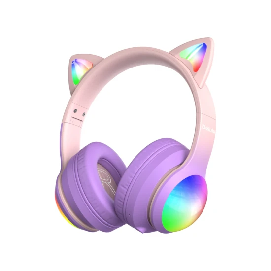 Bezdrátová dětská sluchátka Kiddoboo Delulu DiscoBeats Pink s LED světly a kočičími ušima – bezpečná a stylová sluchátka pro děti od 7 let.