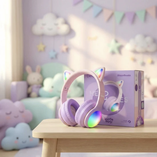 Bezdrátová dětská sluchátka Kiddoboo Delulu DiscoBeats Pink s LED světly a kočičími ušima – bezpečná a stylová sluchátka pro děti od 7 let.