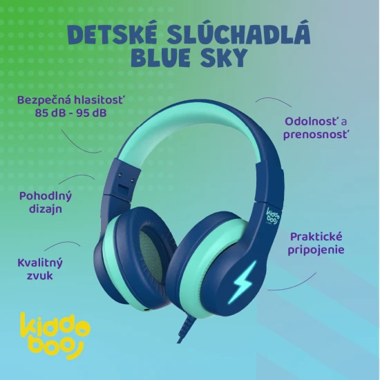 Kiddoboo dětská sluchátka Blue Sky v příjemné modré barvě s omezením hlasitosti a pohodlným designem pro děti od 6 let.