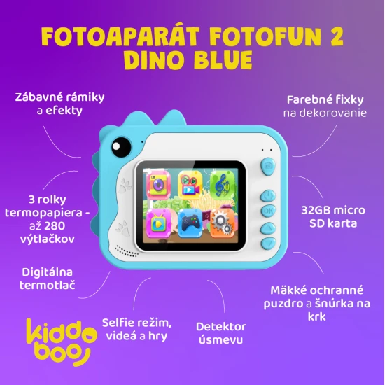 Kiddoboo FotoFun 2 Dino Blue dětský fotoaparát - modrý fotoaparát s okamžitým tiskem pro děti, s barevnými fixy a zábavnými fotorámečky.