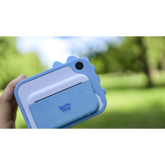Kiddoboo FotoFun 2 Dino Blue dětský fotoaparát - modrý fotoaparát s okamžitým tiskem pro děti, s barevnými fixy a zábavnými fotorámečky.