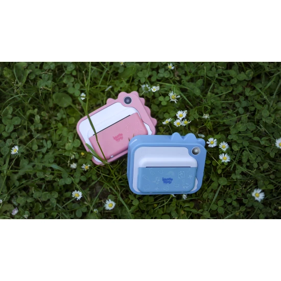 Kiddoboo FotoFun 2 Dino Blue dětský fotoaparát - modrý fotoaparát s okamžitým tiskem pro děti, s barevnými fixy a zábavnými fotorámečky.