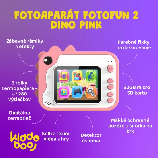 Kiddoboo FotoFun 2 Dino Pink dětský fotoaparát - růžový fotoaparát s okamžitým tiskem pro děti, s barevnými fixy a zábavnými fotorámečky.