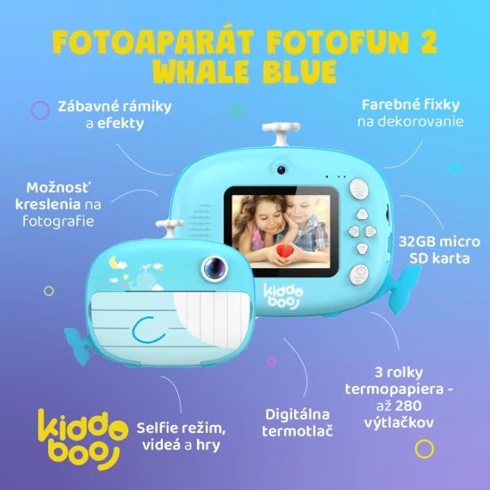 Kiddoboo FotoFun 2 Whale Blue dětský fotoaparát - modrý fotoaparát s okamžitým tiskem pro děti, s barevnými fixy a zábavnými fotorámečky.