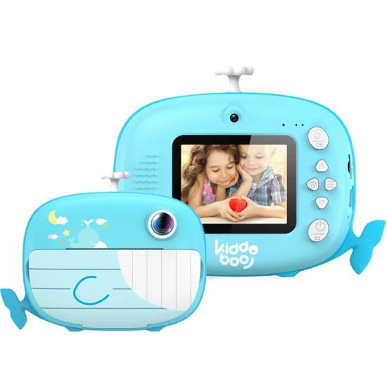 Kiddoboo FotoFun 2 Whale Blue dětský fotoaparát - modrý fotoaparát s okamžitým tiskem pro děti, s barevnými fixy a zábavnými fotorámečky.
