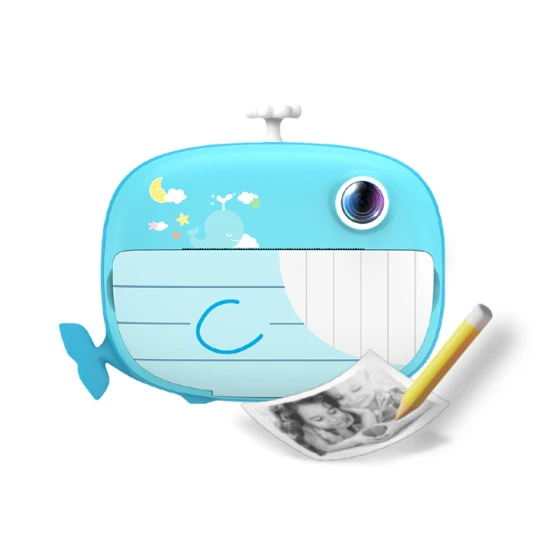 Kiddoboo FotoFun 2 Whale Blue dětský fotoaparát - modrý fotoaparát s okamžitým tiskem pro děti, s barevnými fixy a zábavnými fotorámečky.